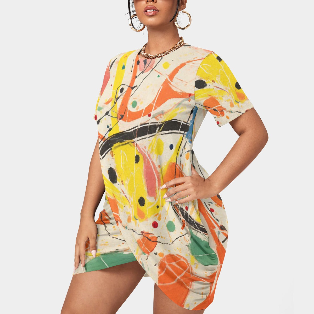 All-Over Print Women’s Stacked Hem Dress With Short Sleeve（Plus Size）