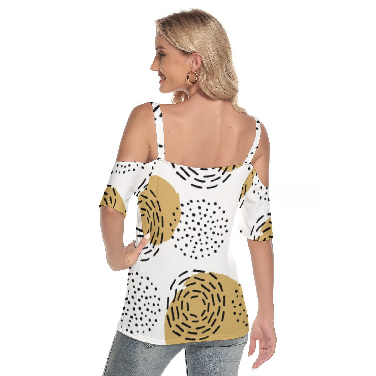 All-Over Print Women's Cold Shoulder T-shirt With Criss Cross Strips