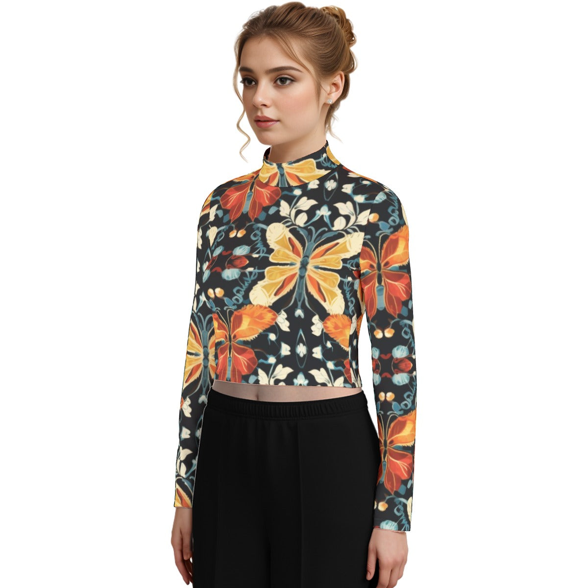 Eco-Friendly All-Over Print Women's Turtleneck T-shirt With Long Sleeve