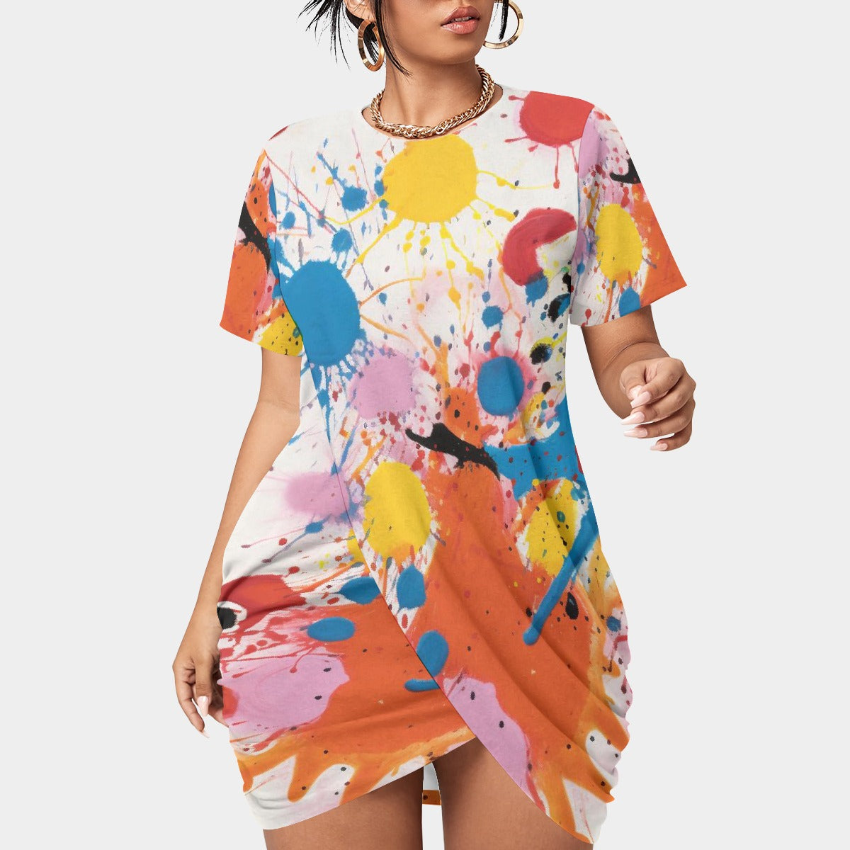 All-Over Print Women’s Stacked Hem Dress With Short Sleeve（Plus Size）