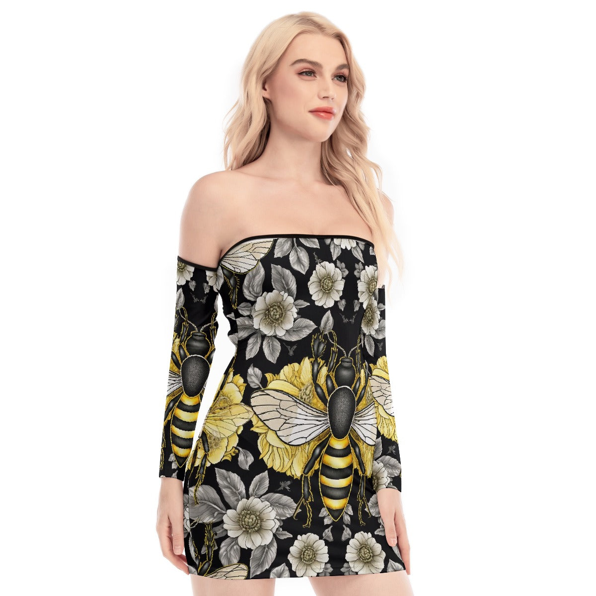 All-Over Print Women's Off-shoulder Back Lace-up Dress