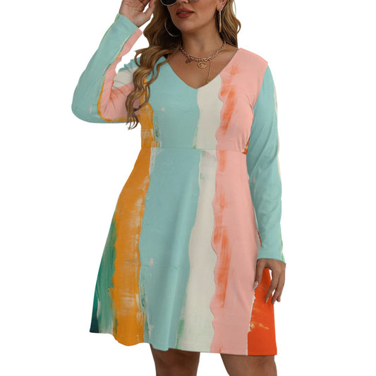 All-Over Print Women's V-neck Long Sleeve Dress(Plus Size)