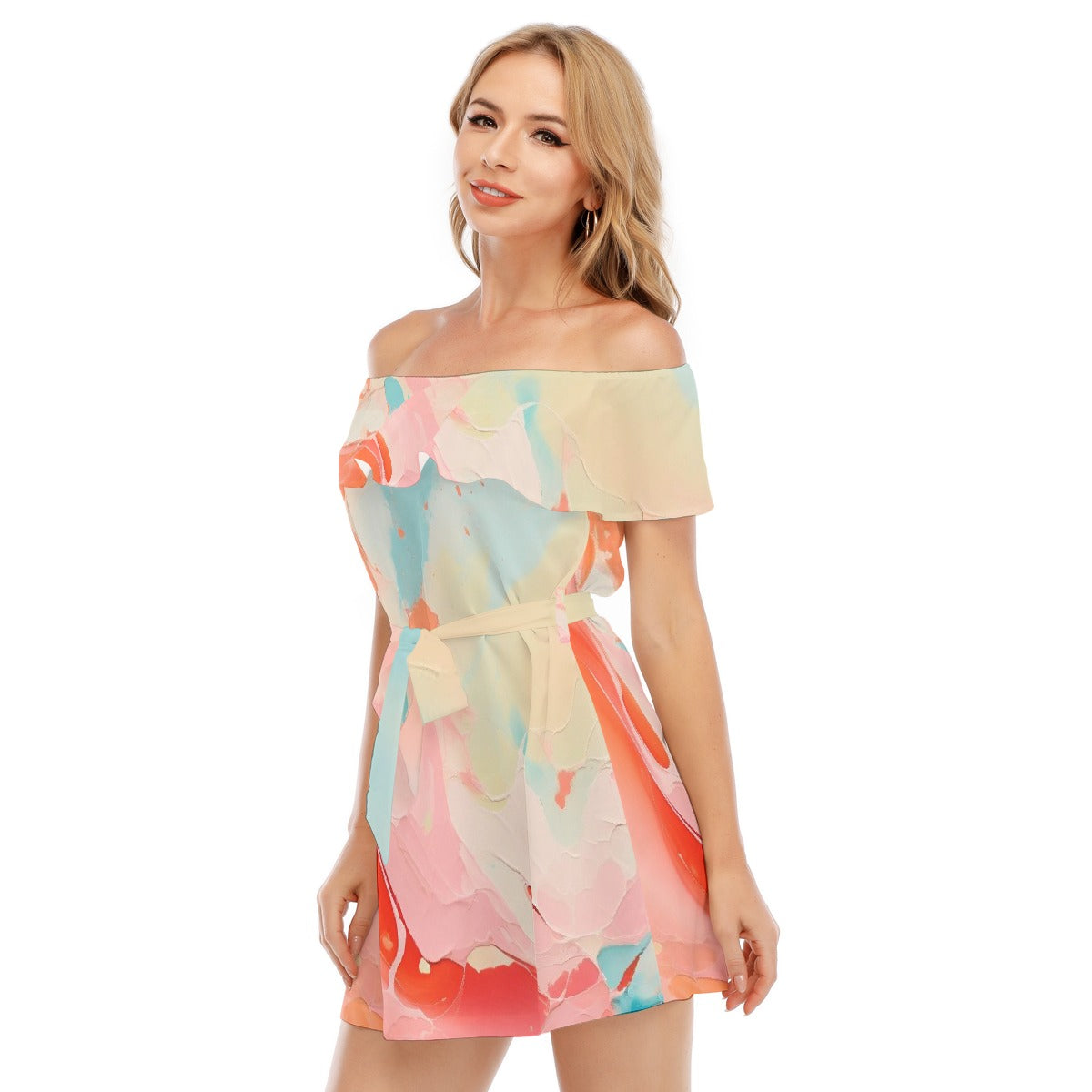 All-Over Print Women's Off-shoulder Dress With Ruffle