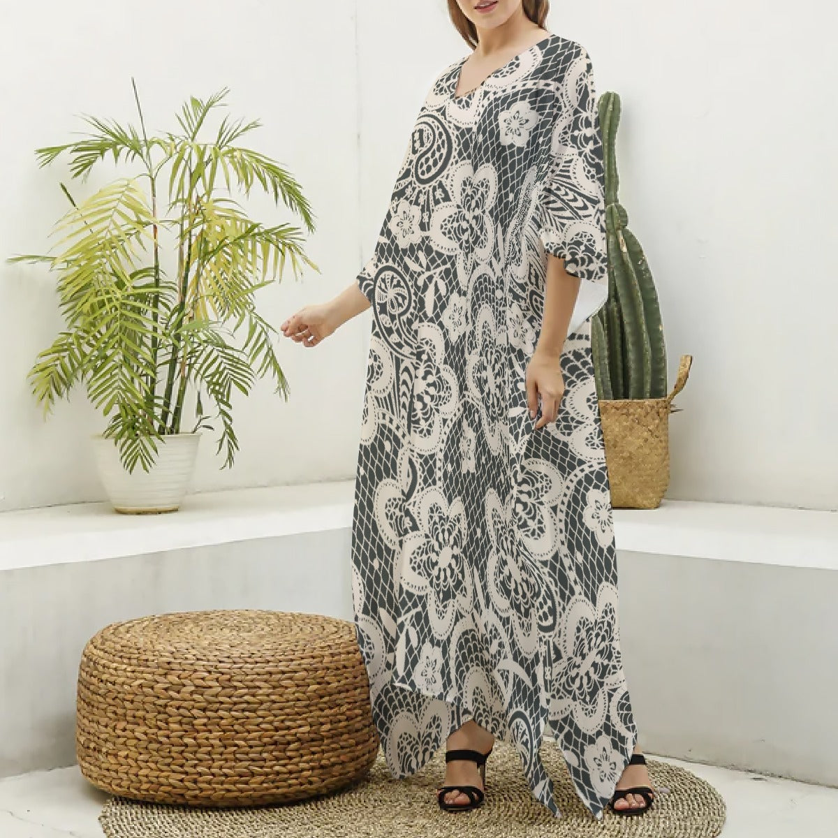 All-Over Print Women's Imitation Silk V-neck Kaftan Robe