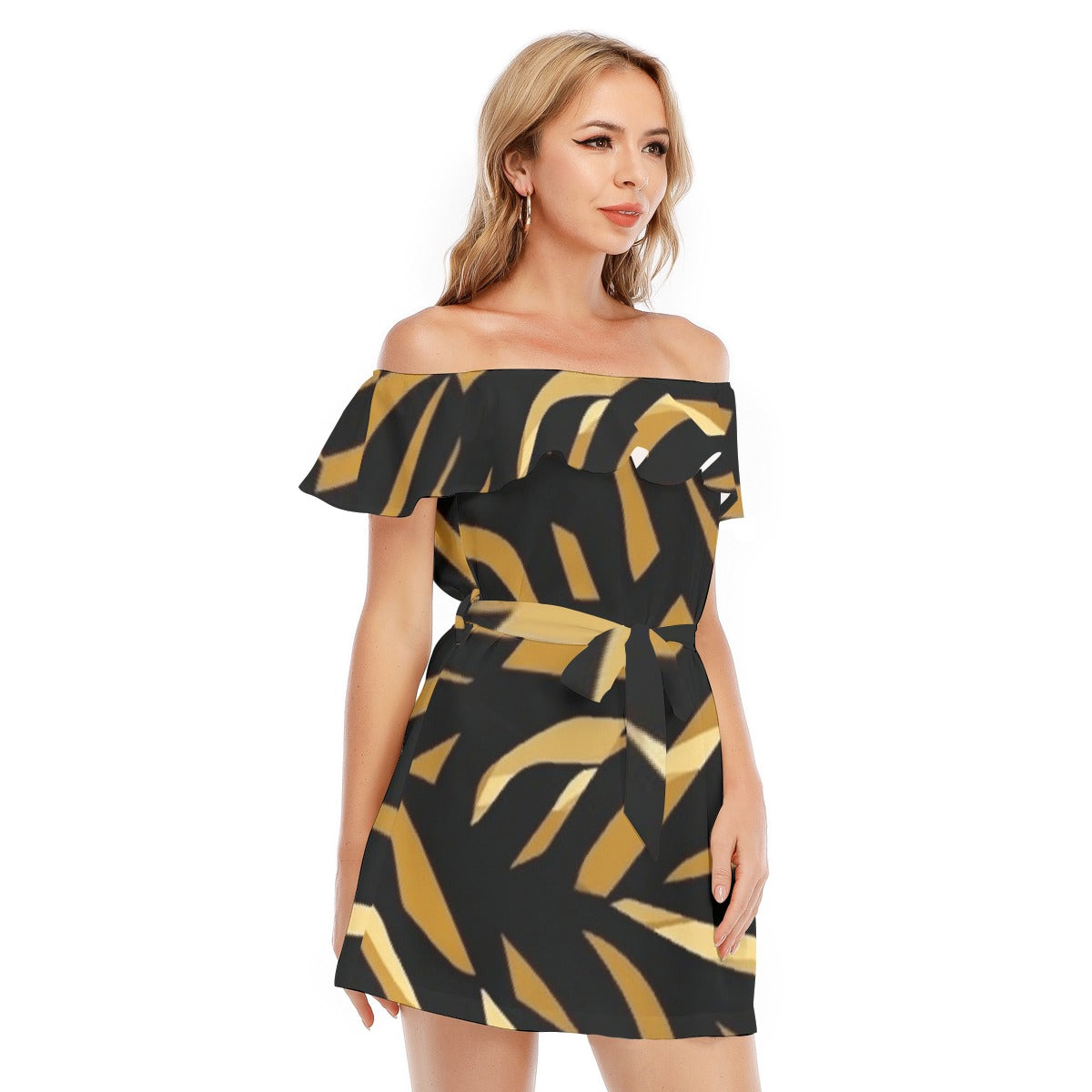 All-Over Print Women's Off-shoulder Dress With Ruffle