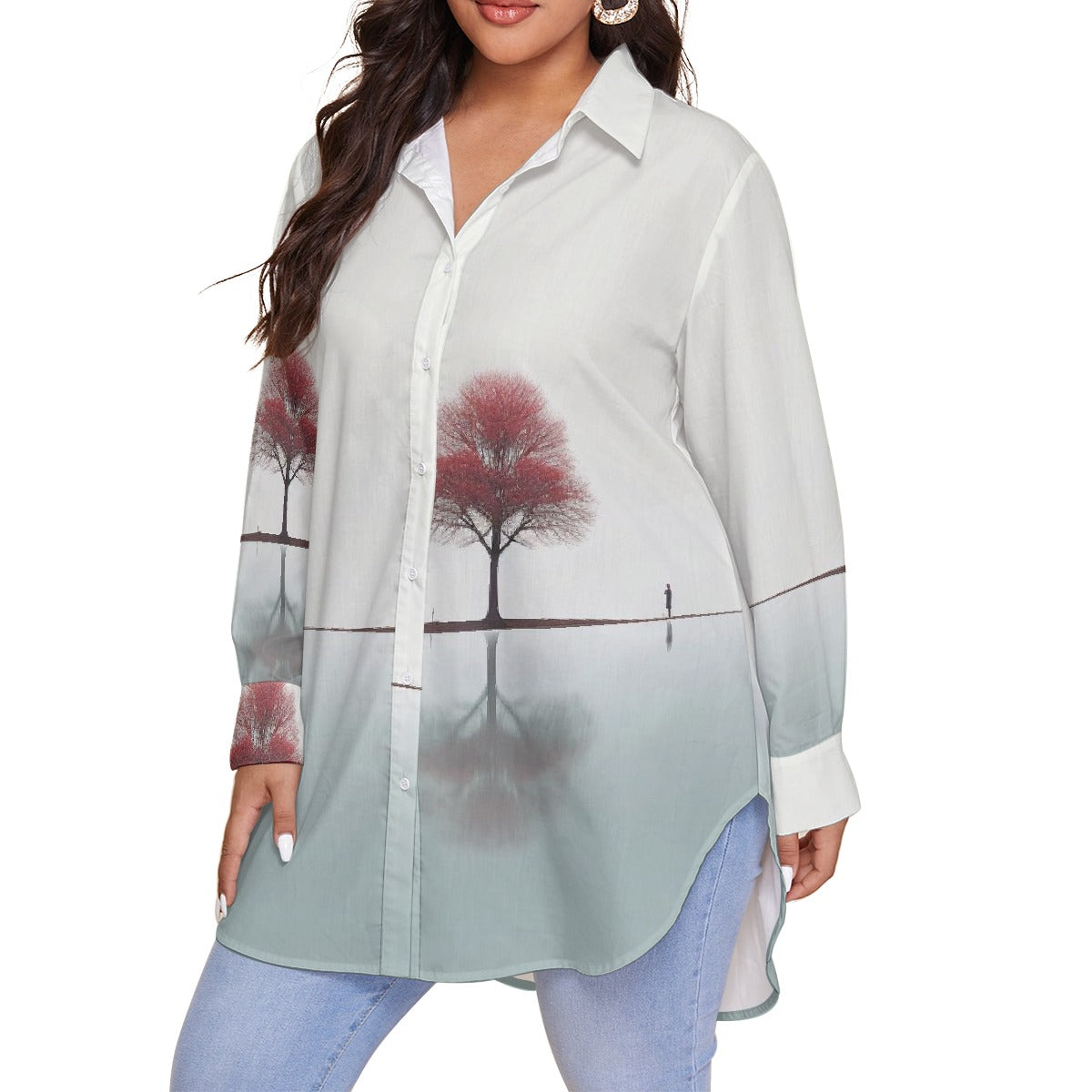 All-Over Print Women's Shirt With Long Sleeve(Plus Size)