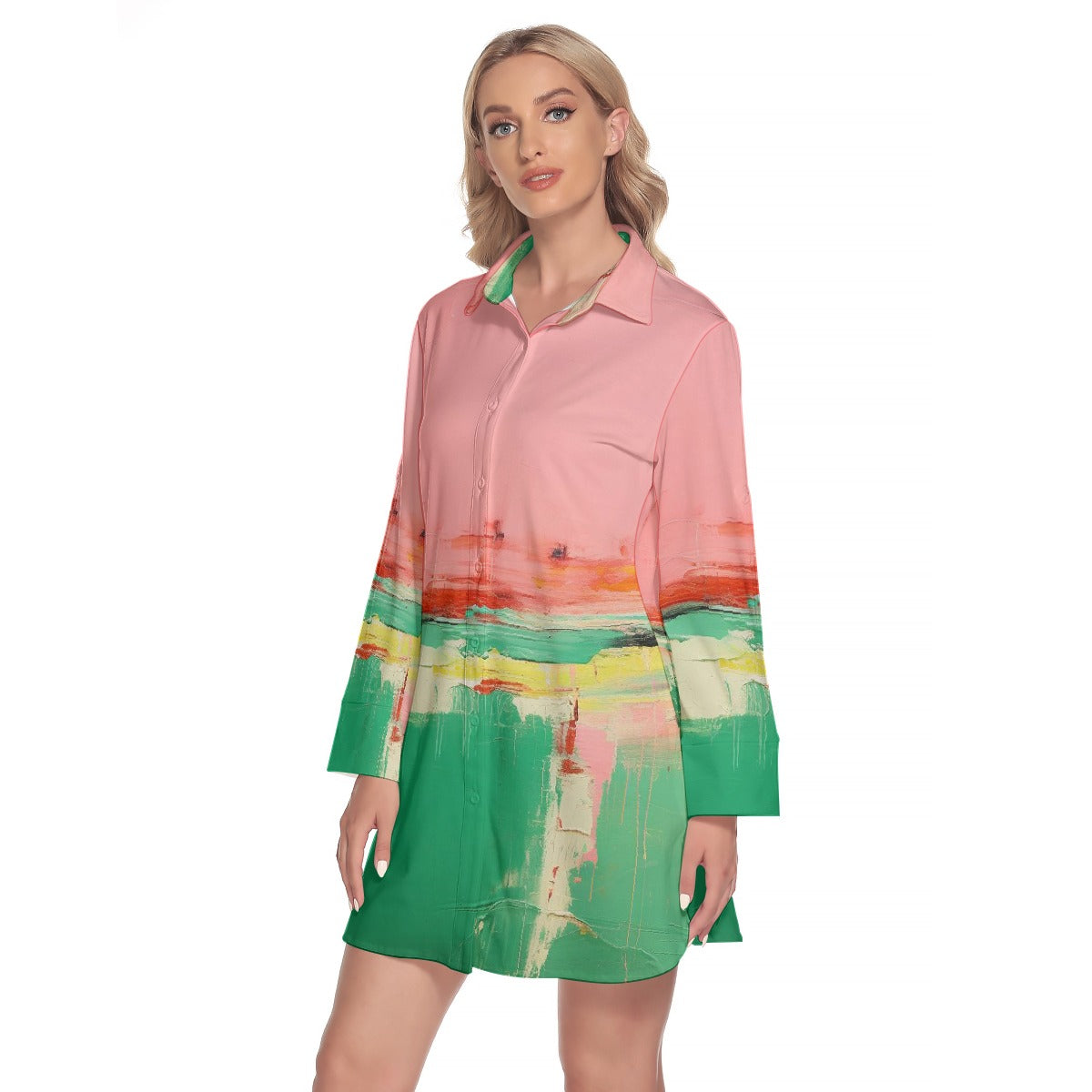 All-Over Print Women's Lapel Shirt Dress With Long Sleeve