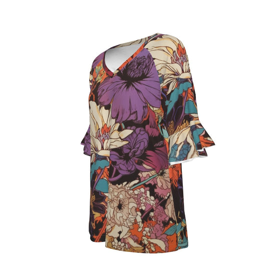 All-Over Print V-neck Women's T-shirt With Bell Sleeve