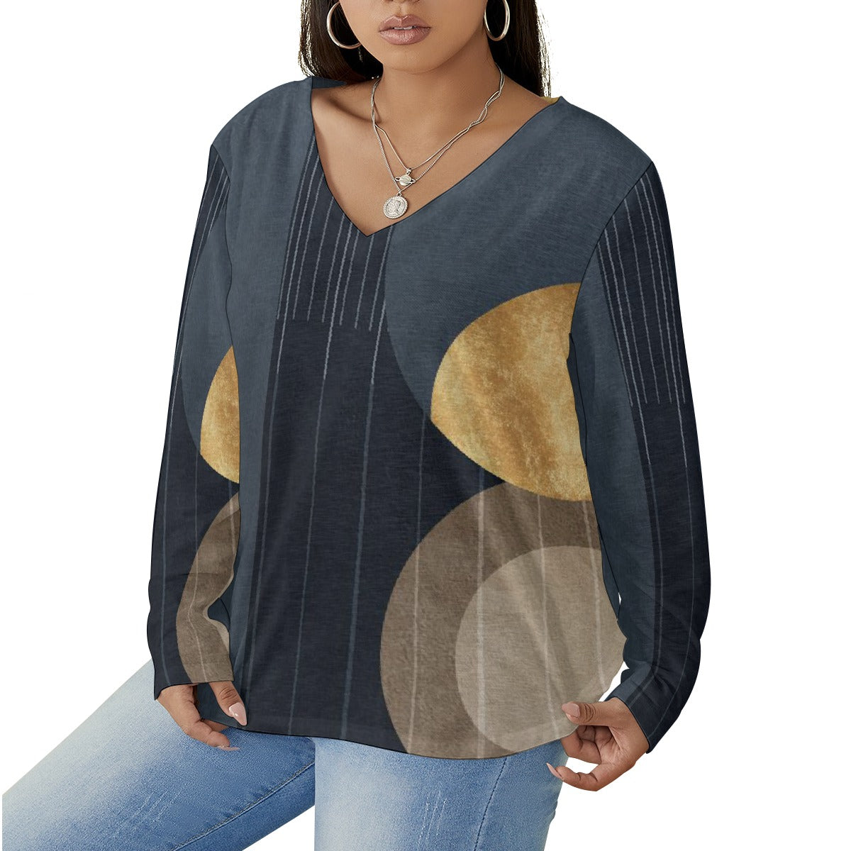 All-Over Print Women's V-neck T-shirt With Curved Hem(Plus Size)