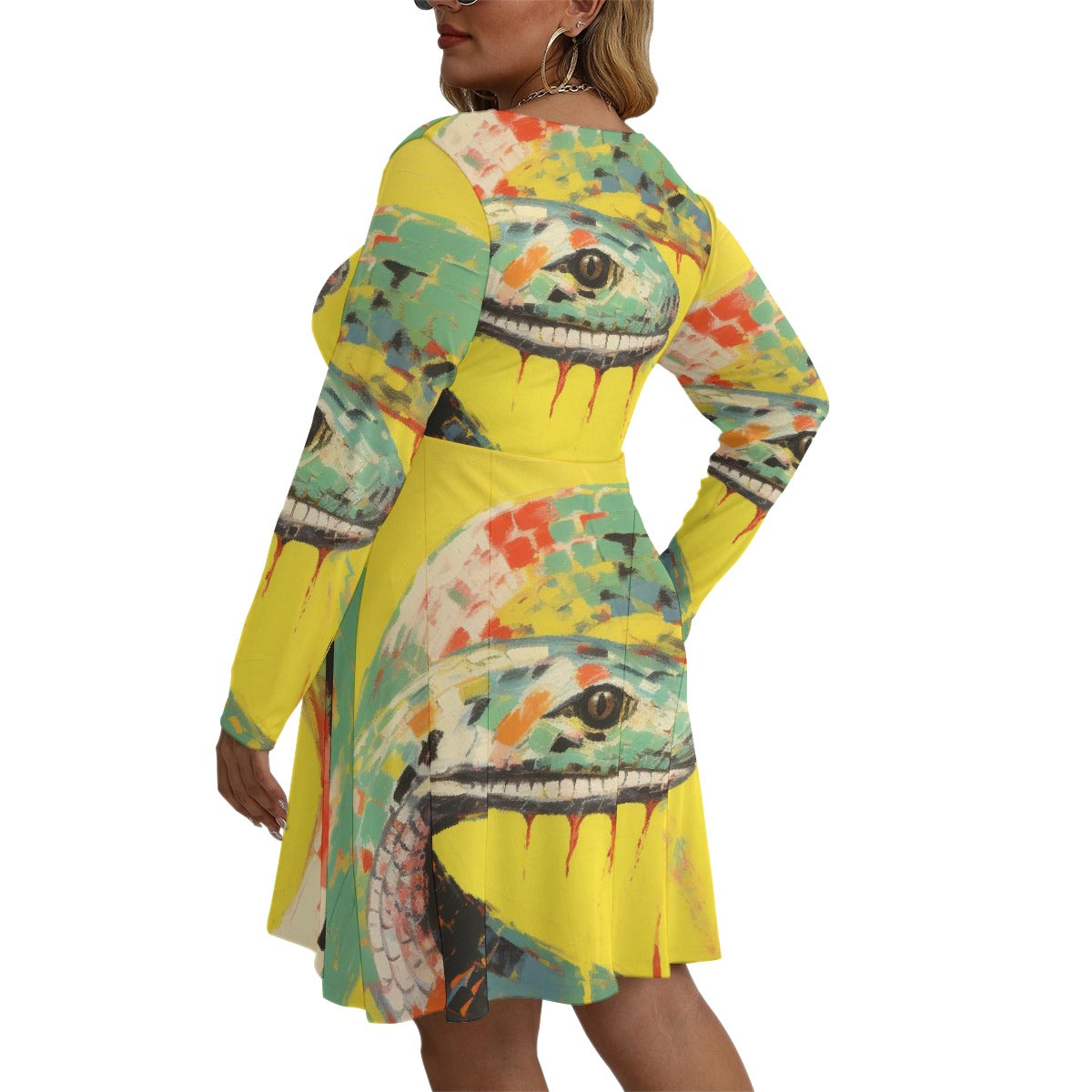 All-Over Print Women's V-neck Long Sleeve Dress(Plus Size)