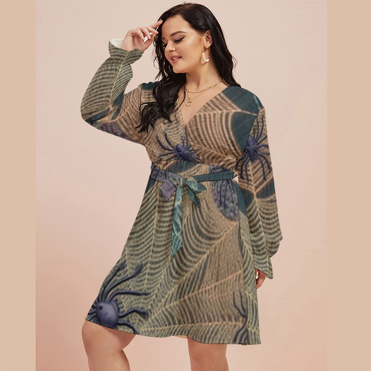 All-Over Print Women's V-neck Dress With Waistband(Plus Size)