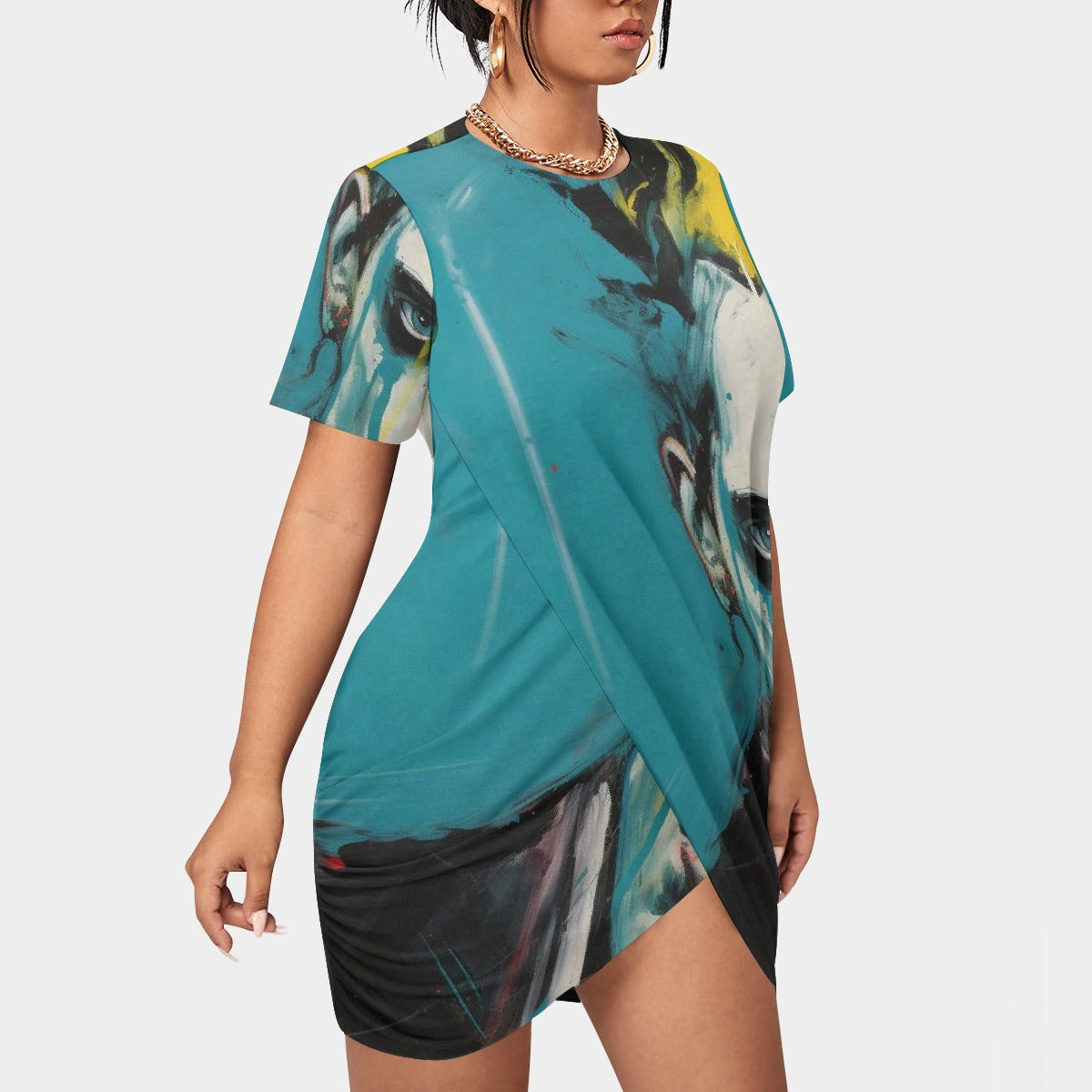 All-Over Print Women’s Stacked Hem Dress With Short Sleeve（Plus Size）