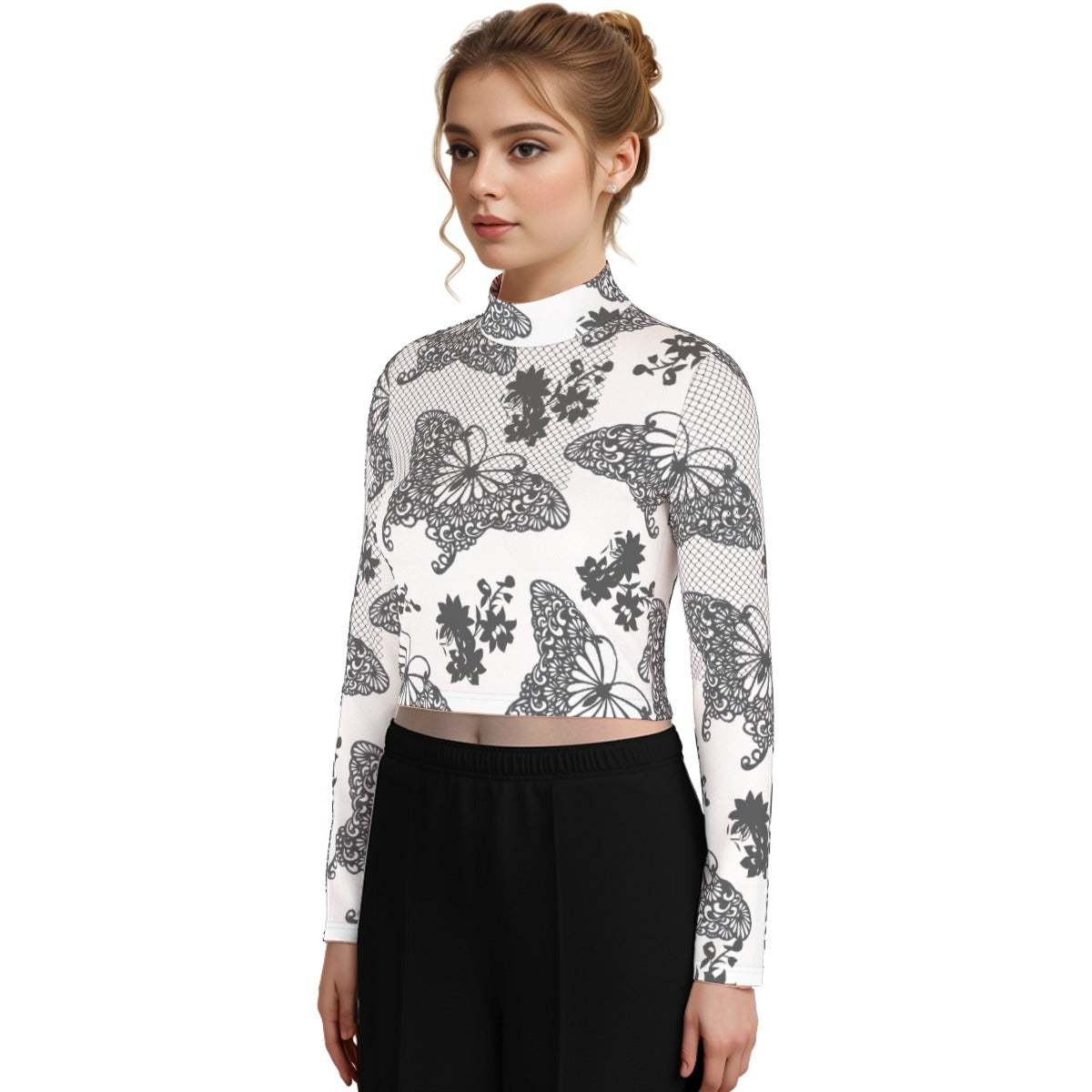 Eco-Friendly All-Over Print Women's Turtleneck T-shirt With Long Sleeve