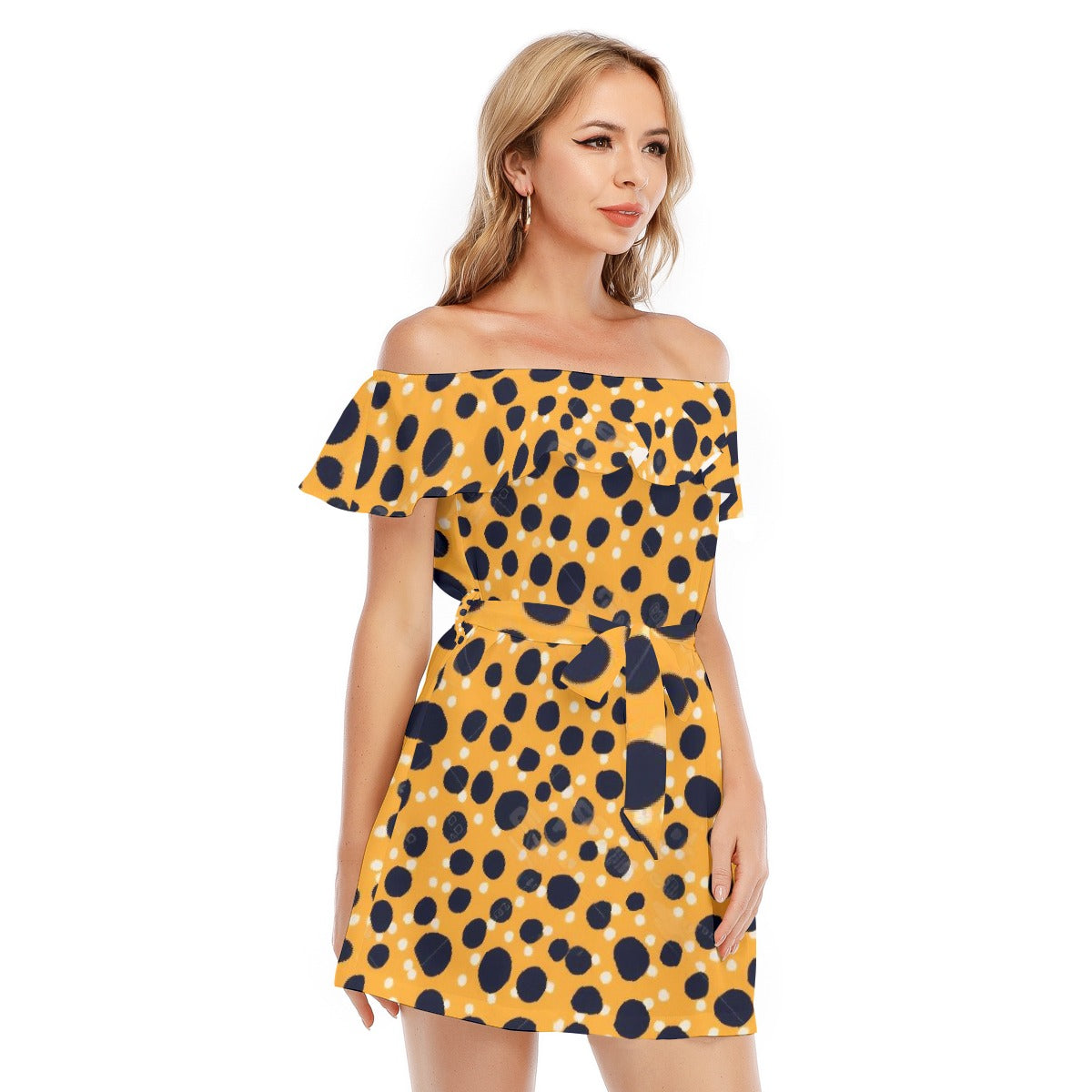 All-Over Print Women's Off-shoulder Dress With Ruffle