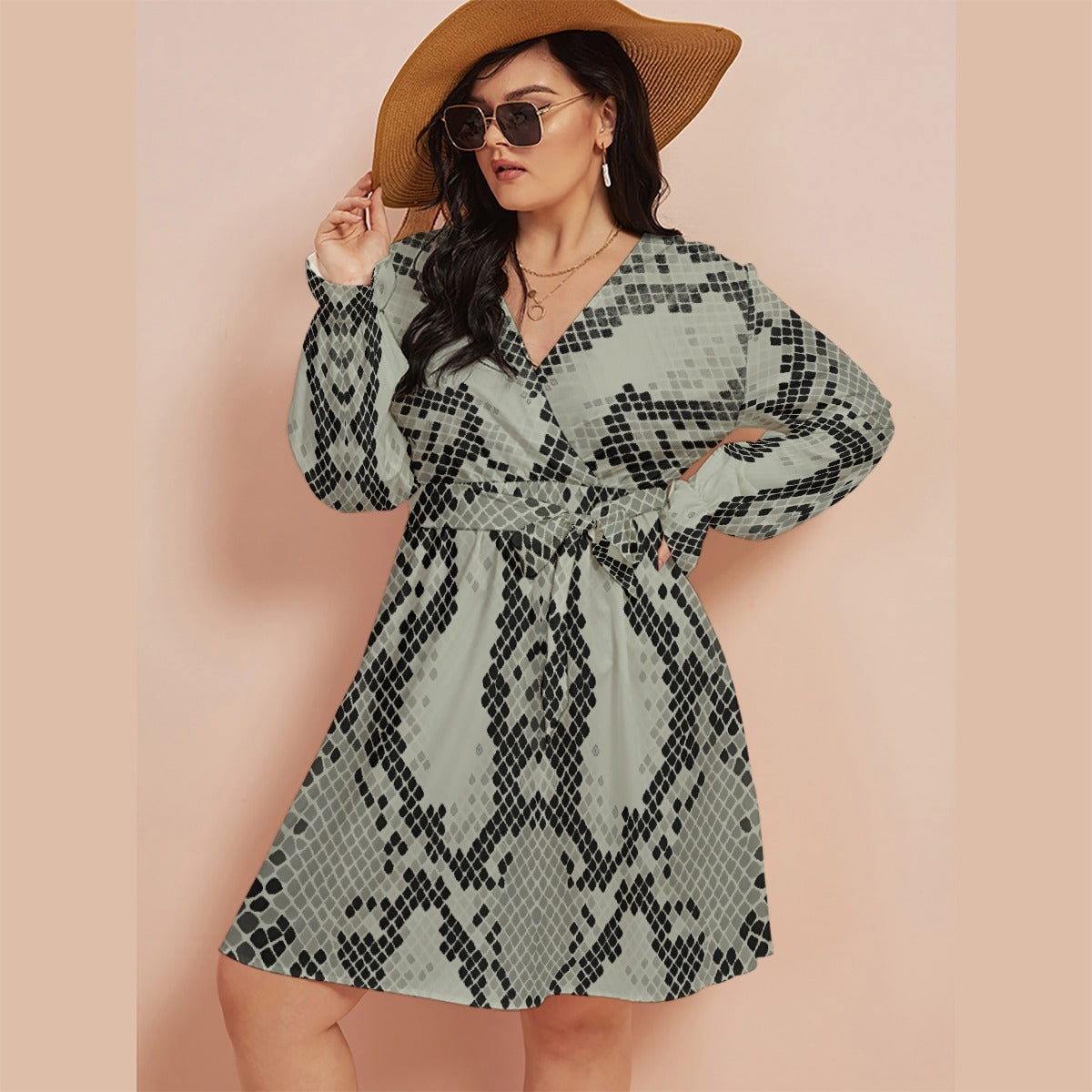 All-Over Print Women's V-neck Dress With Waistband(Plus Size)