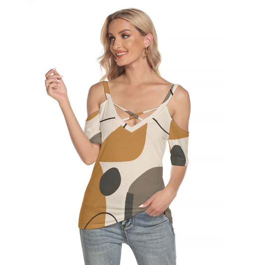 All-Over Print Women's Cold Shoulder T-shirt With Criss Cross Strips