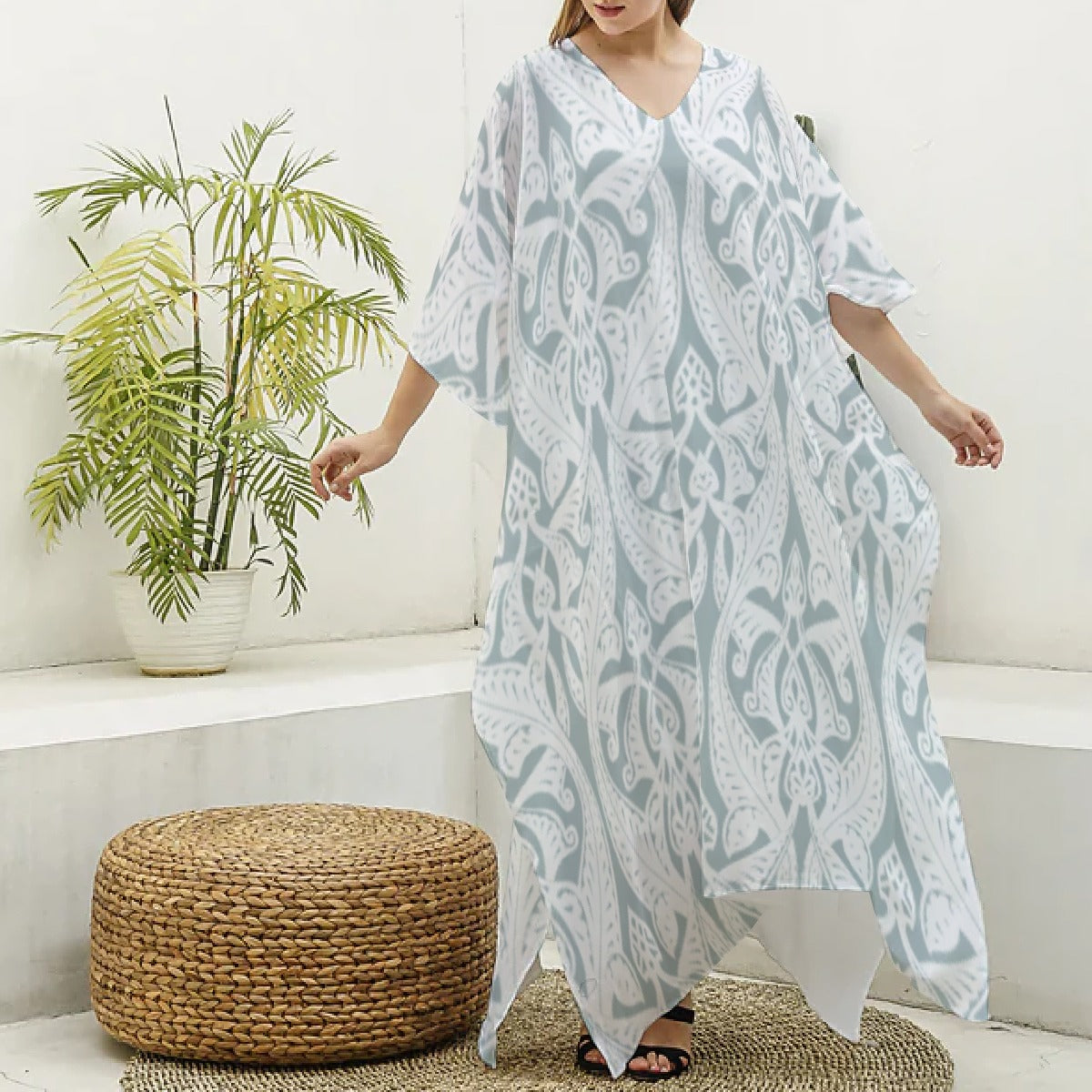 All-Over Print Women's Imitation Silk V-neck Kaftan Robe