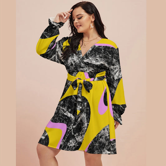 All-Over Print Women's V-neck Dress With Waistband(Plus Size)