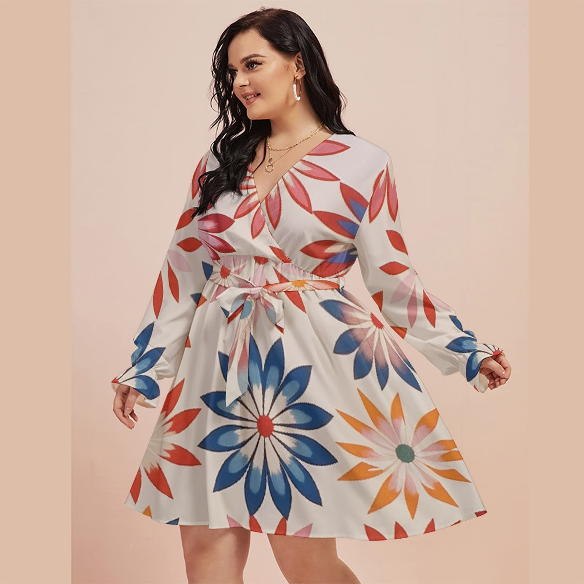 All-Over Print Women's V-neck Dress With Waistband(Plus Size)