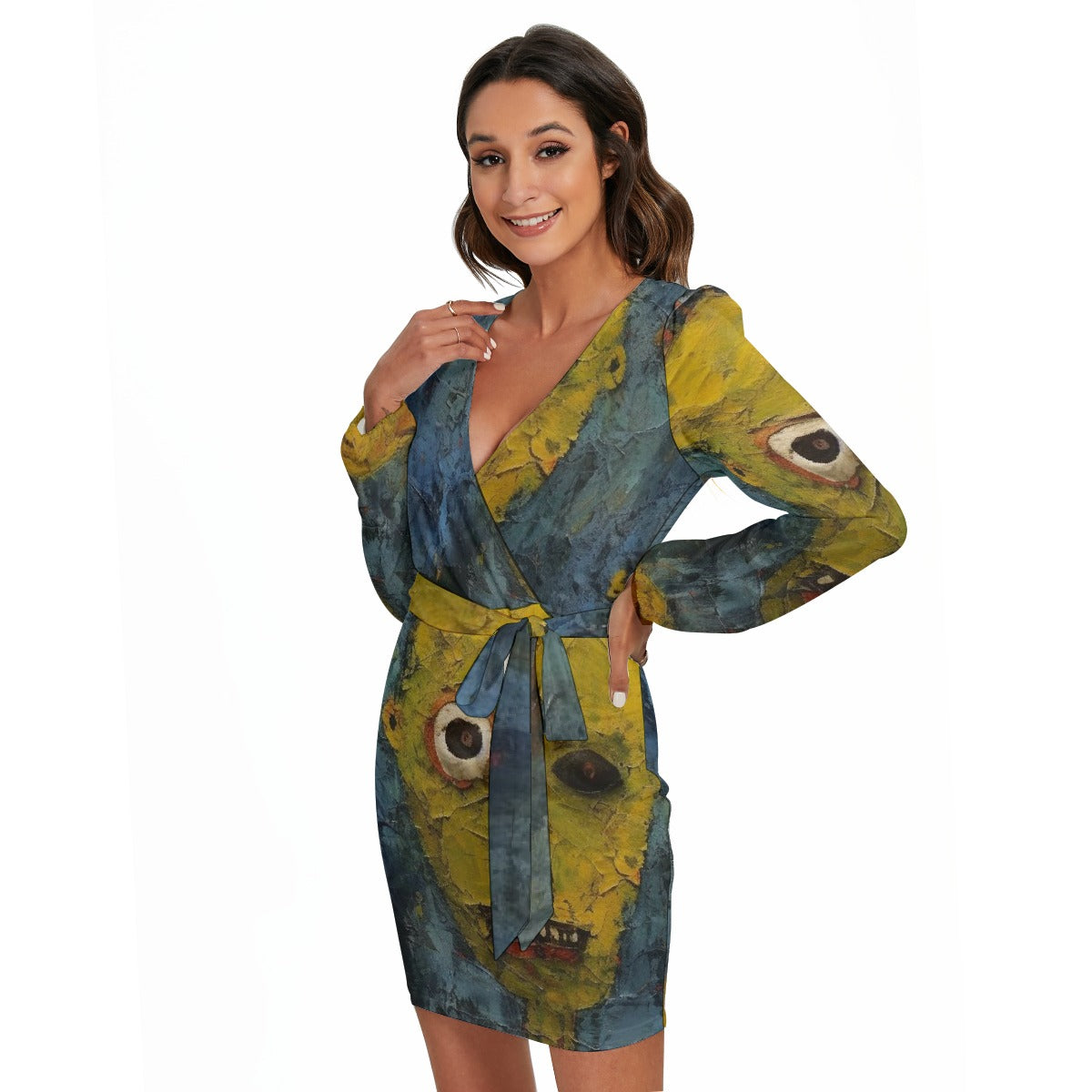 All-Over Print Women's Long Sleeve Dress With Waist Belt