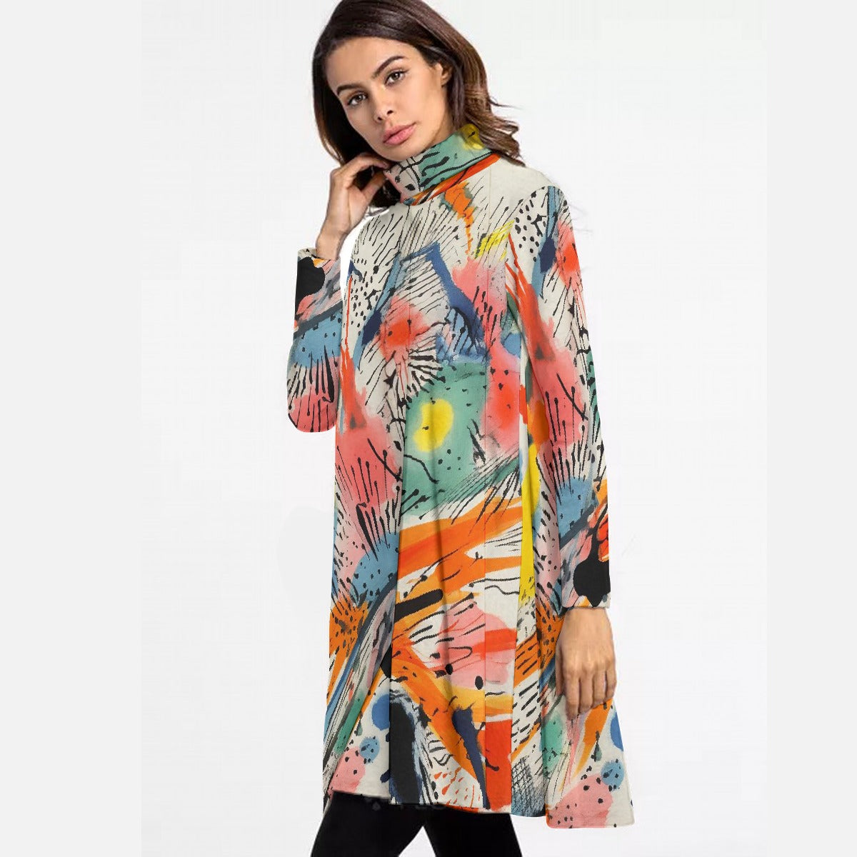 All-Over Print Women's High Neck Dress With Long Sleeve