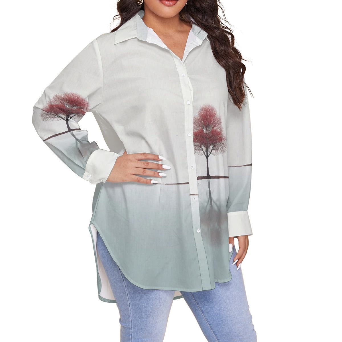 All-Over Print Women's Shirt With Long Sleeve(Plus Size)