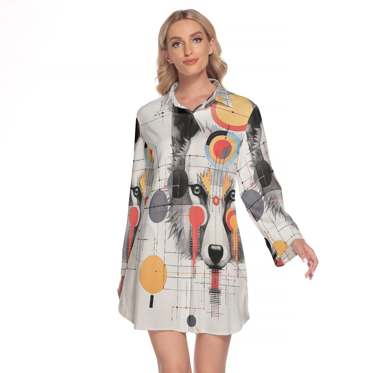 All-Over Print Women's Lapel Shirt Dress With Long Sleeve