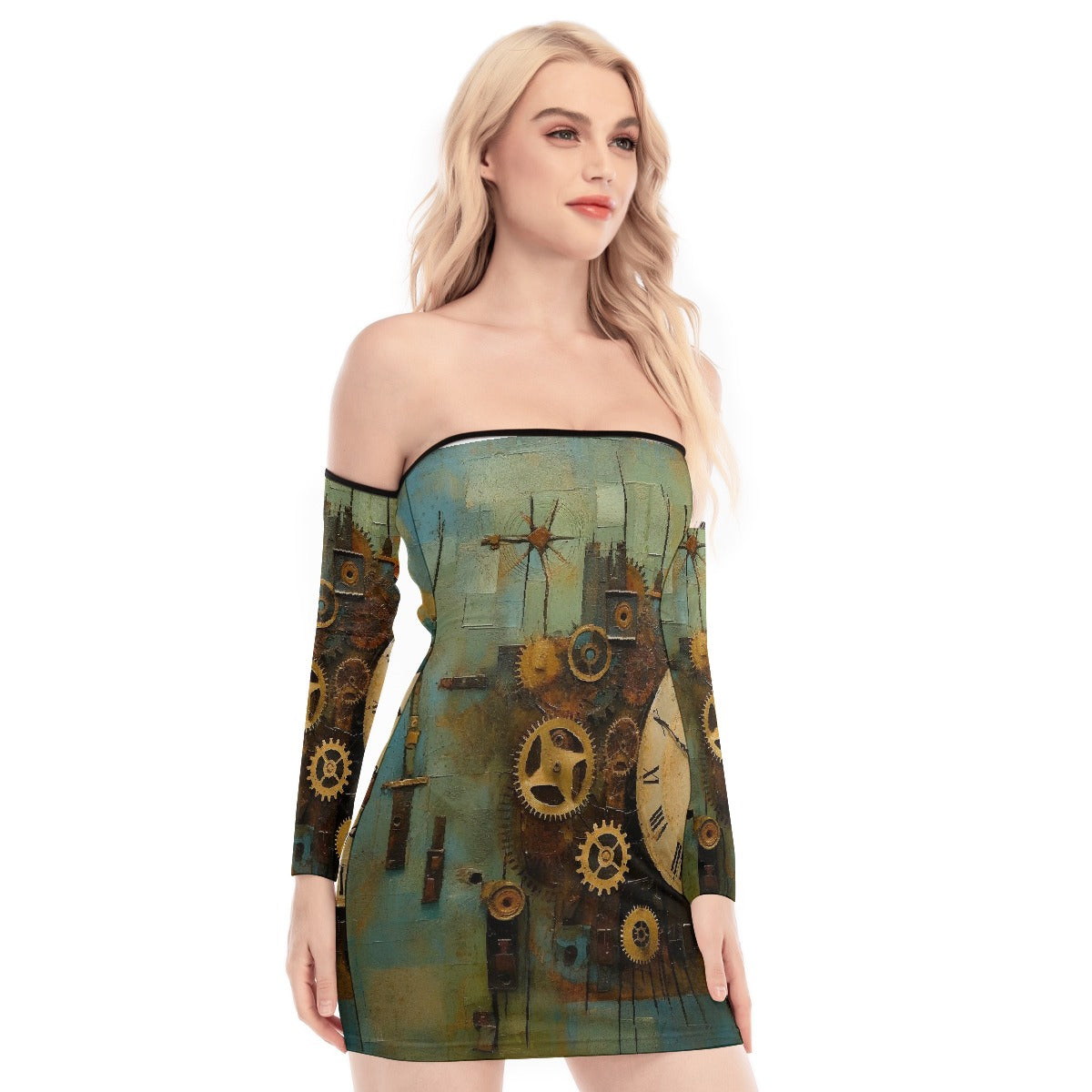 All-Over Print Women's Off-shoulder Back Lace-up Dress