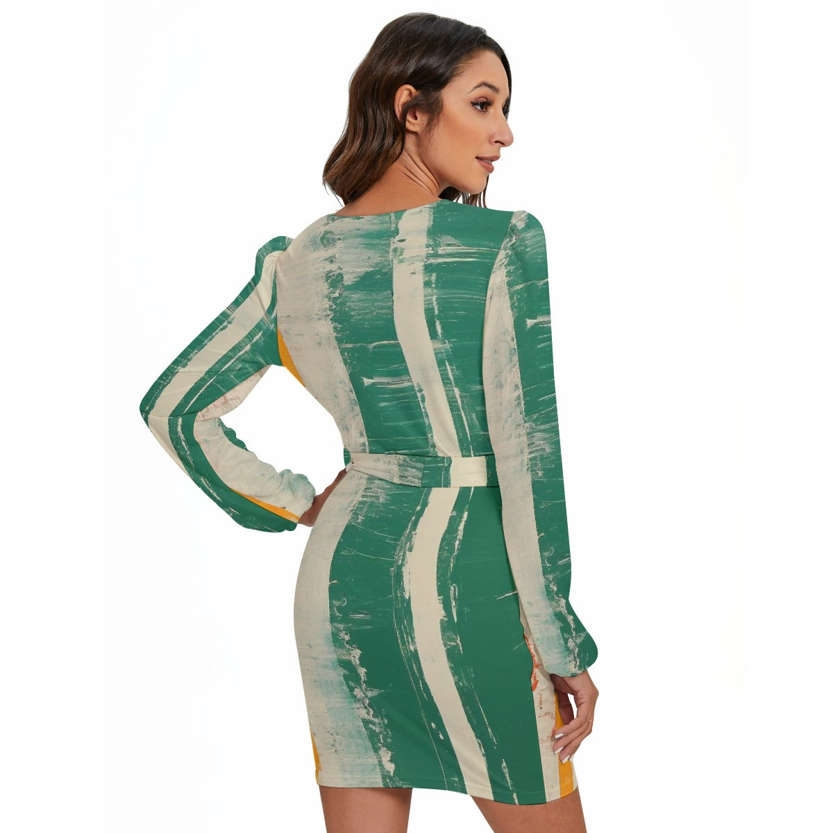 All-Over Print Women's Long Sleeve Dress With Waist Belt