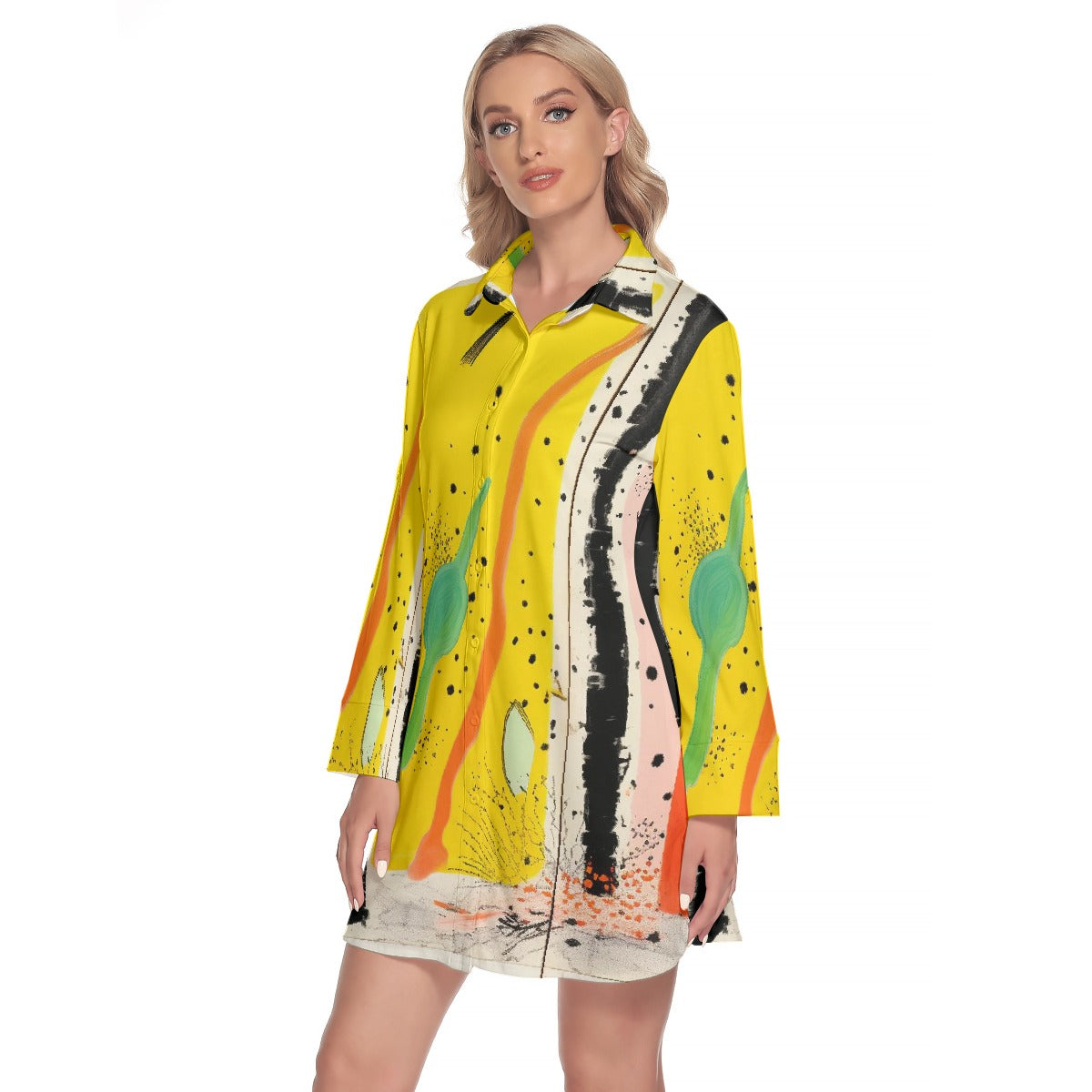 All-Over Print Women's Lapel Shirt Dress With Long Sleeve