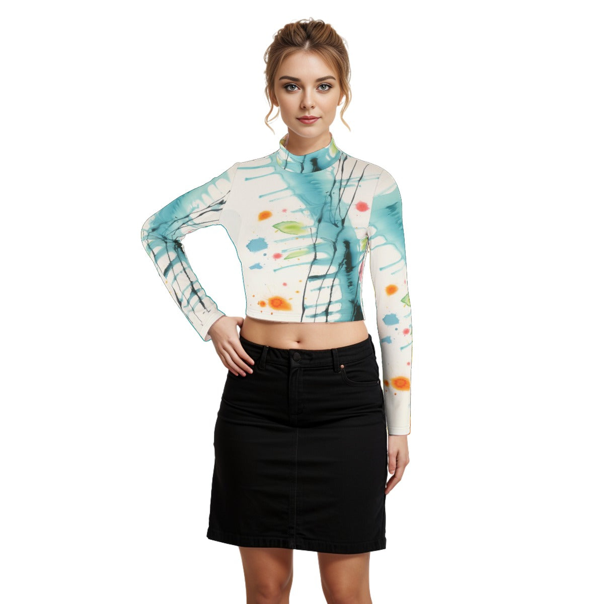 Eco-Friendly All-Over Print Women's Turtleneck T-shirt With Long Sleeve