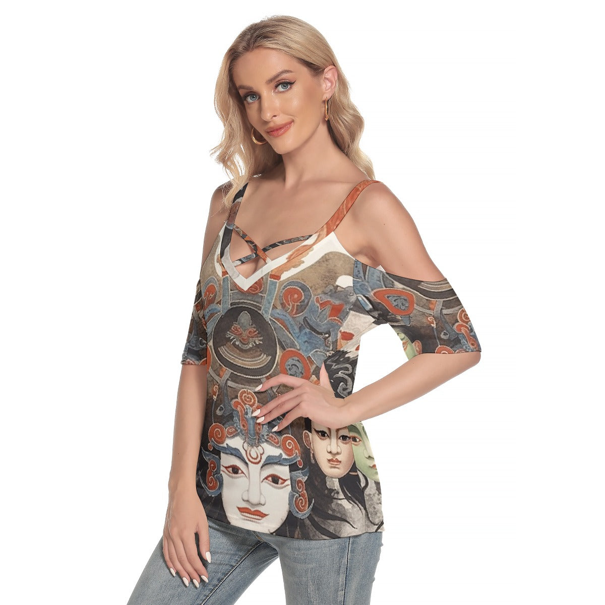 All-Over Print Women's Cold Shoulder T-shirt With Criss Cross Strips