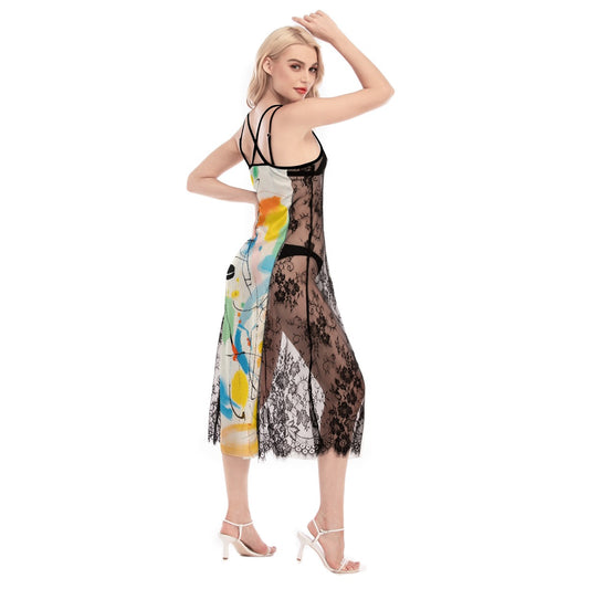 All-Over Print Women's Lace Cami Cross Back Dress