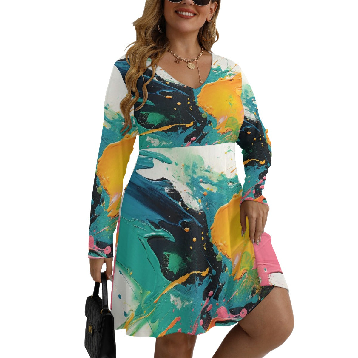 All-Over Print Women's V-neck Long Sleeve Dress(Plus Size)