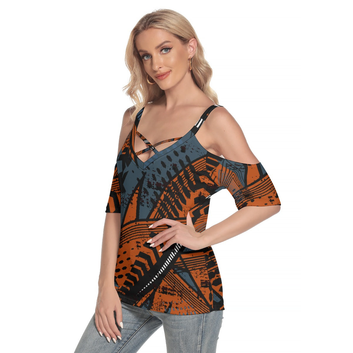 All-Over Print Women's Cold Shoulder T-shirt With Criss Cross Strips