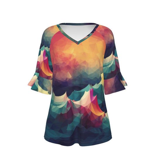 All-Over Print V-neck Women's T-shirt With Bell Sleeve