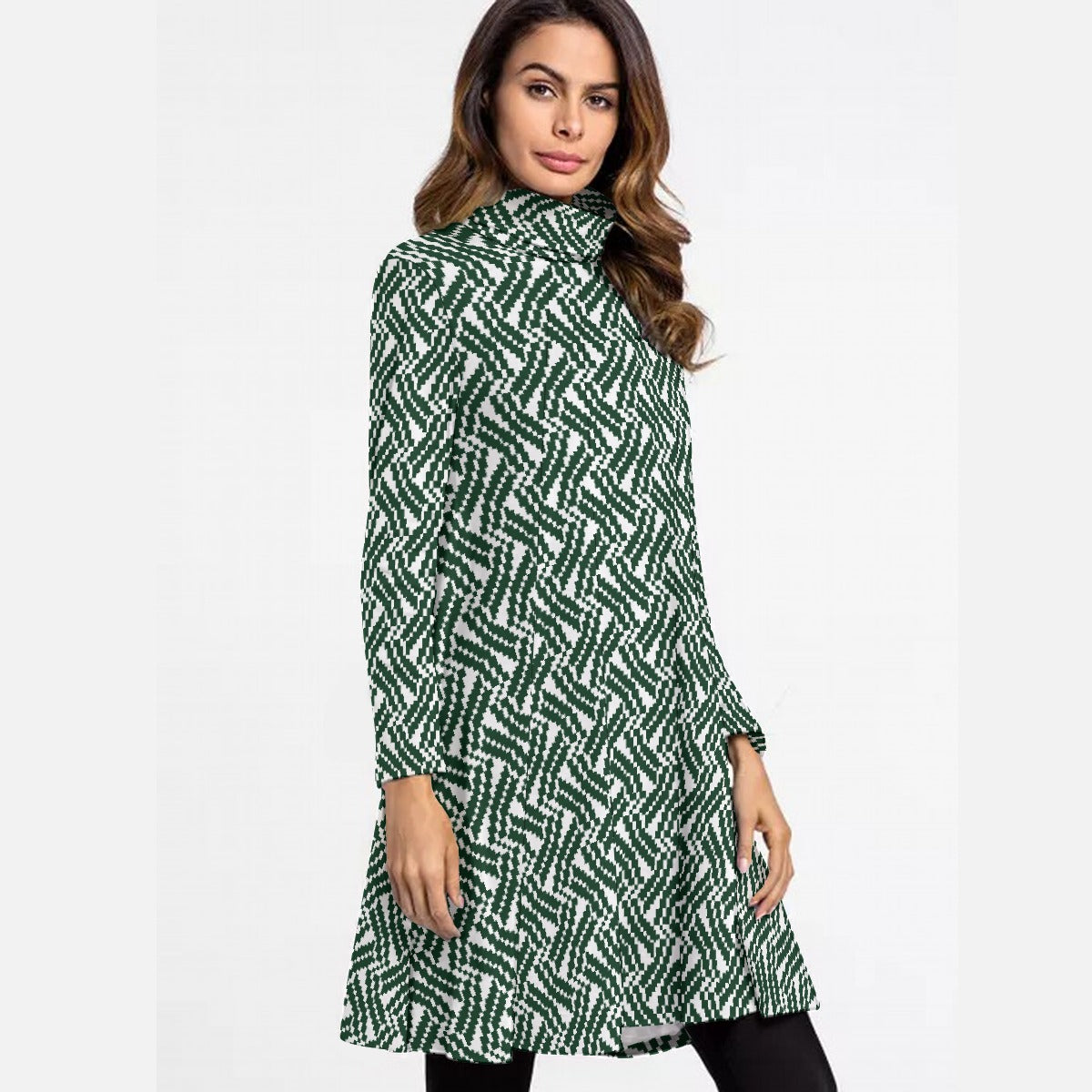 All-Over Print Women's High Neck Dress With Long Sleeve