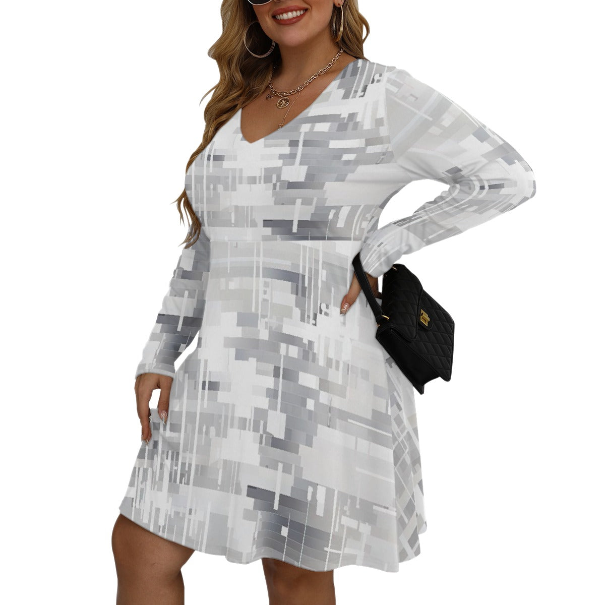 All-Over Print Women's V-neck Long Sleeve Dress(Plus Size)