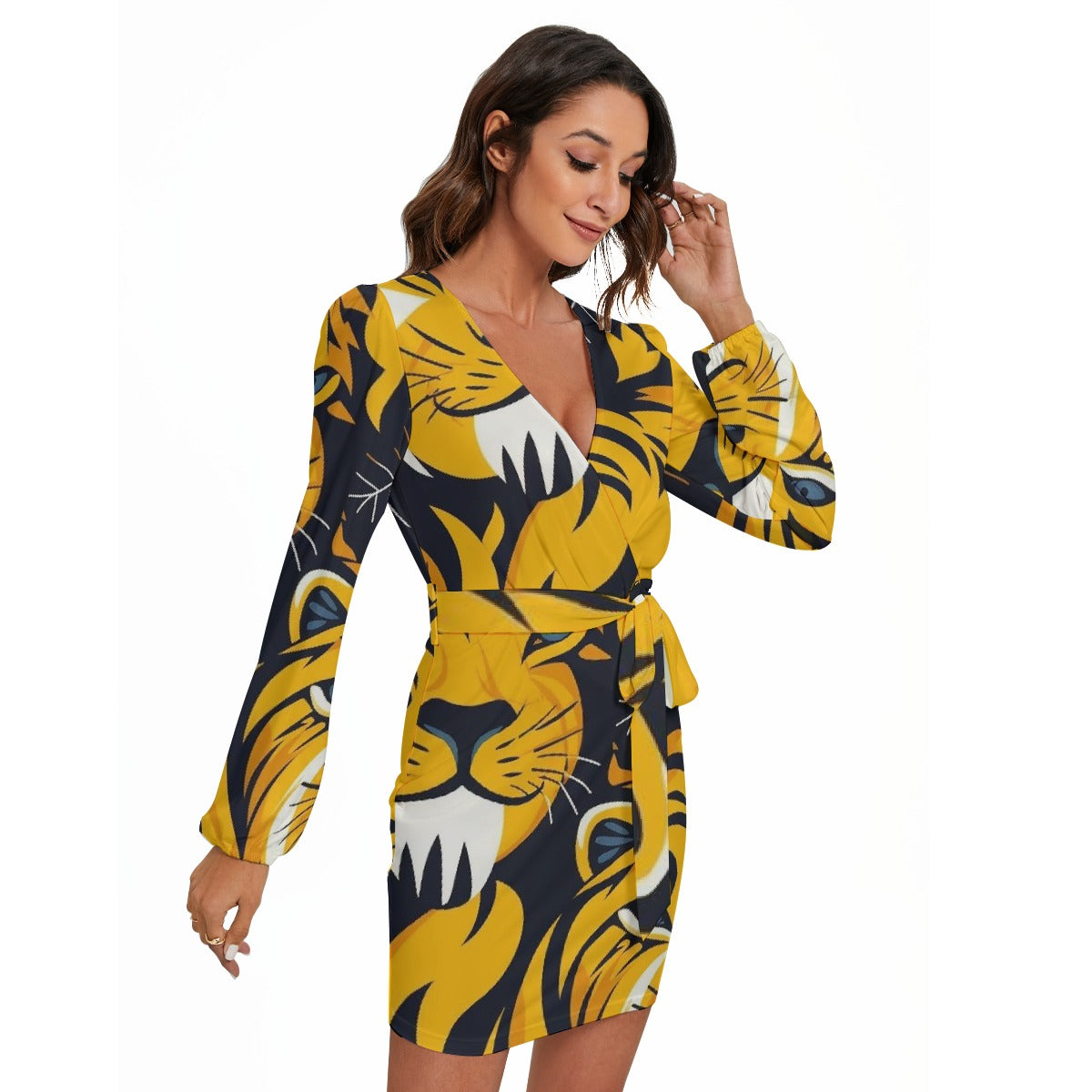 All-Over Print Women's Long Sleeve Dress With Waist Belt