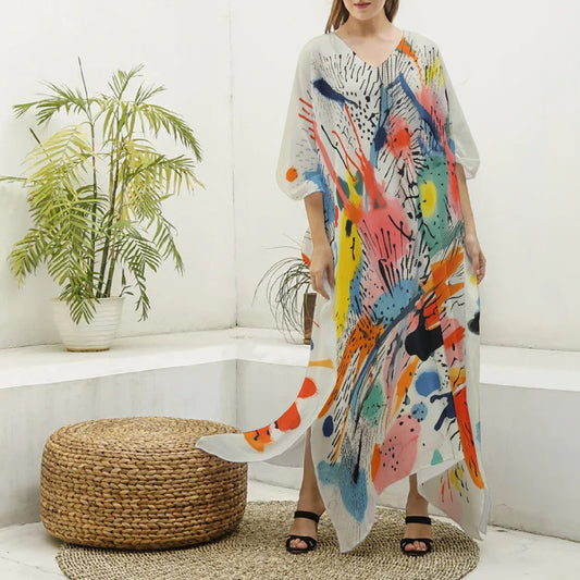 All-Over Print Women's Imitation Silk V-neck Kaftan Robe