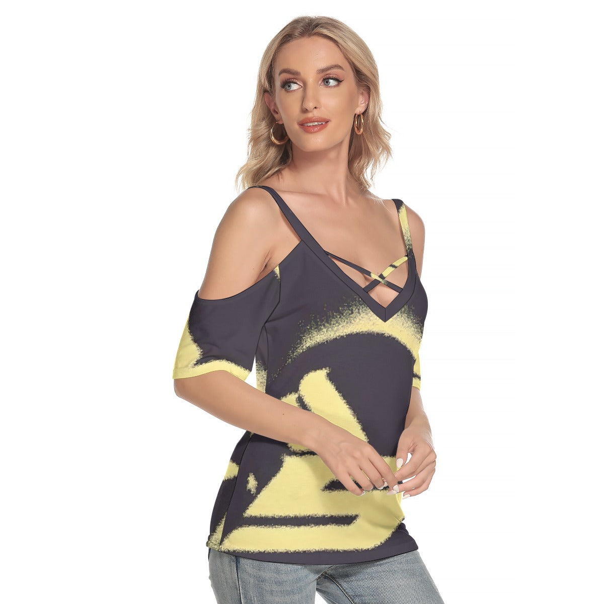 All-Over Print Women's Cold Shoulder T-shirt With Criss Cross Strips