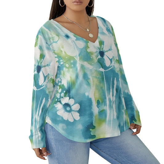 All-Over Print Women's V-neck T-shirt With Curved Hem(Plus Size)