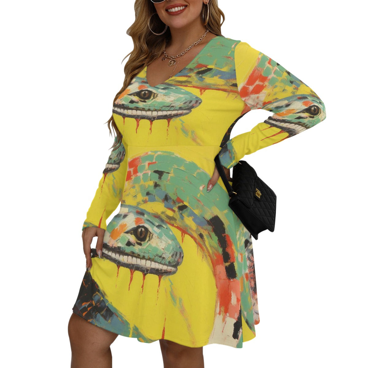 All-Over Print Women's V-neck Long Sleeve Dress(Plus Size)