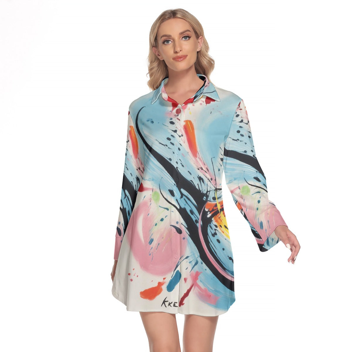 All-Over Print Women's Lapel Shirt Dress With Long Sleeve