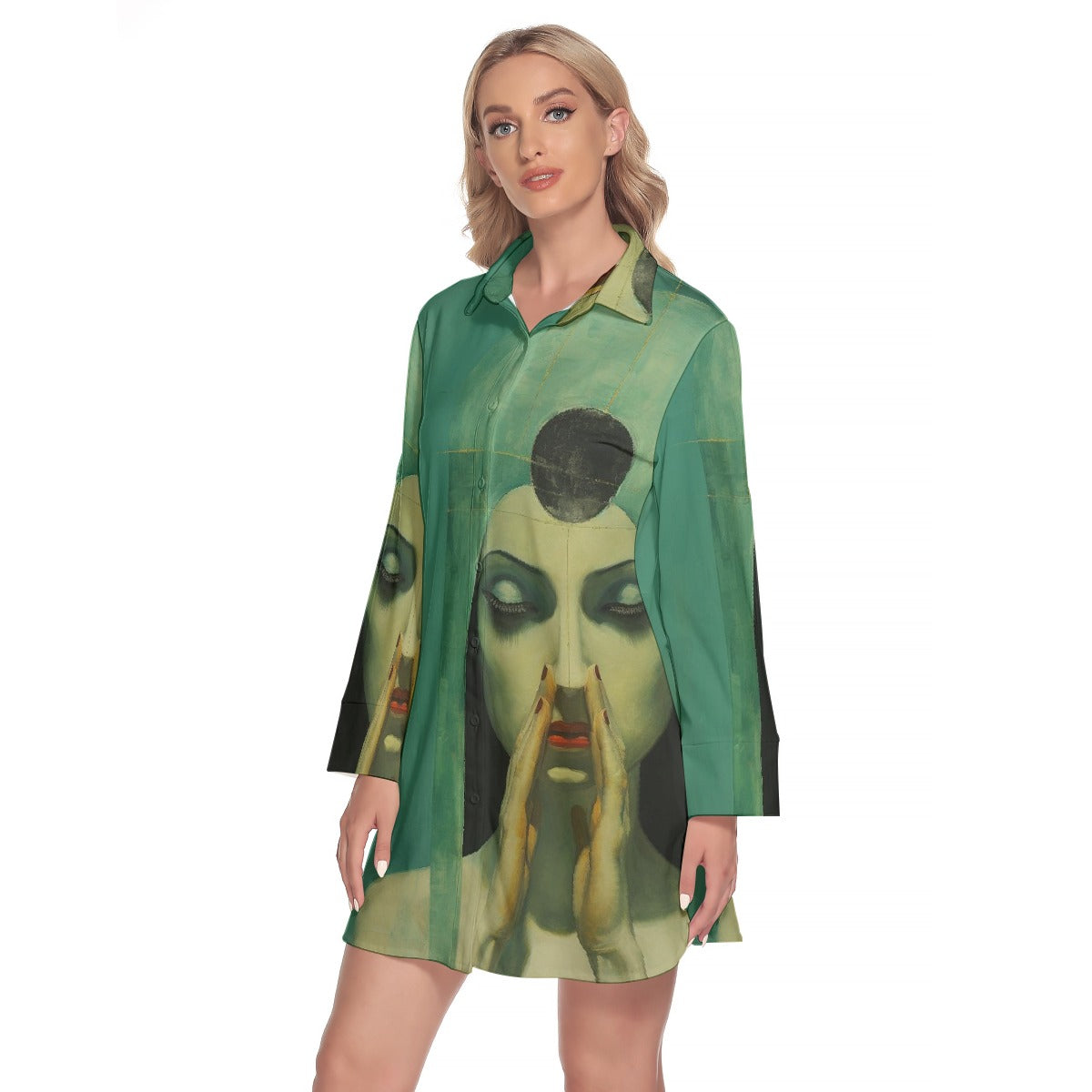 All-Over Print Women's Lapel Shirt Dress With Long Sleeve