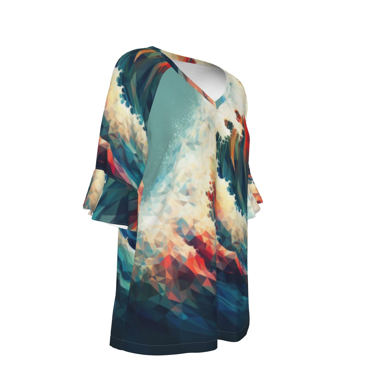 All-Over Print V-neck Women's T-shirt With Bell Sleeve