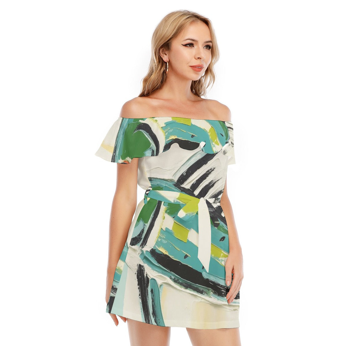 All-Over Print Women's Off-shoulder Dress With Ruffle