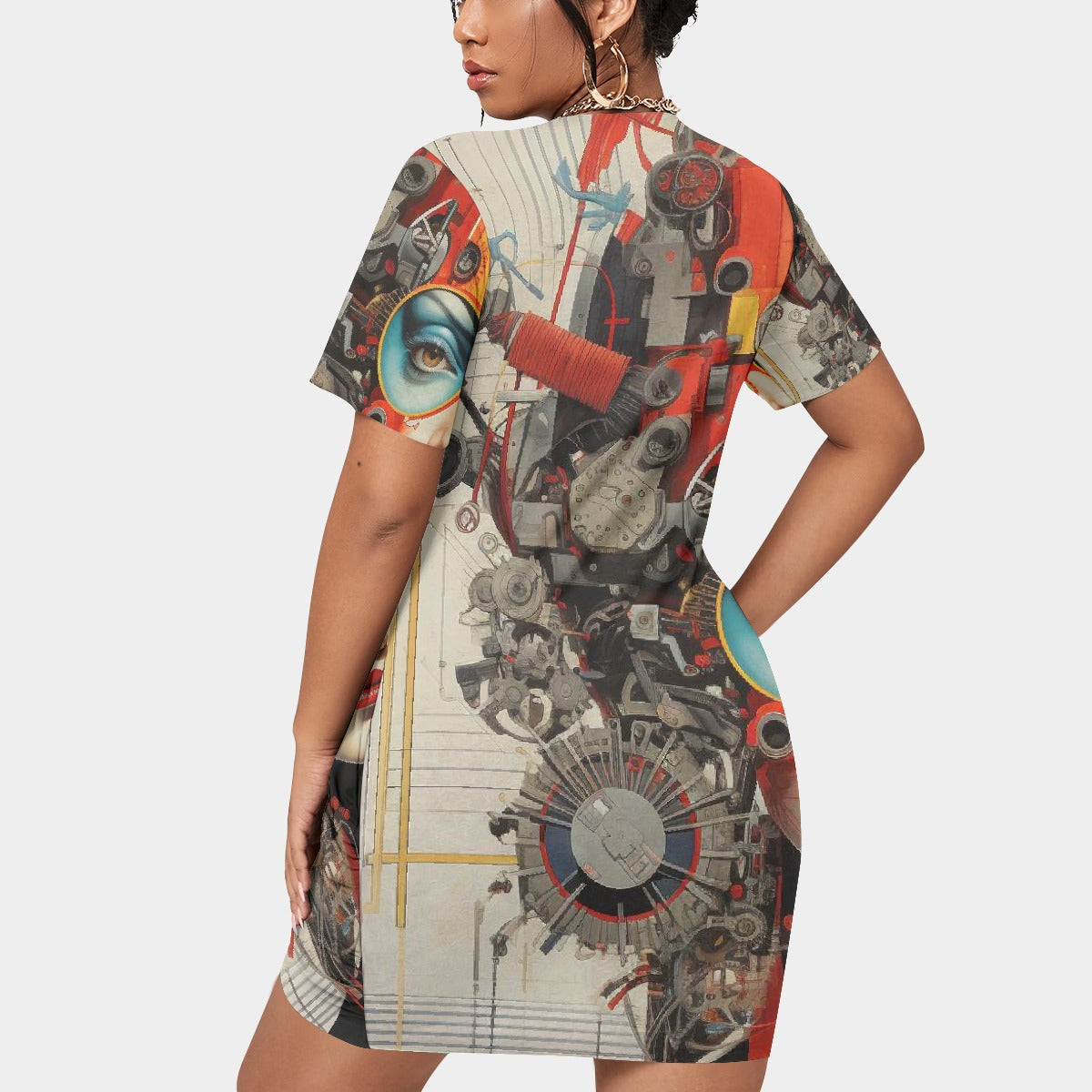 All-Over Print Women’s Stacked Hem Dress With Short Sleeve（Plus Size）