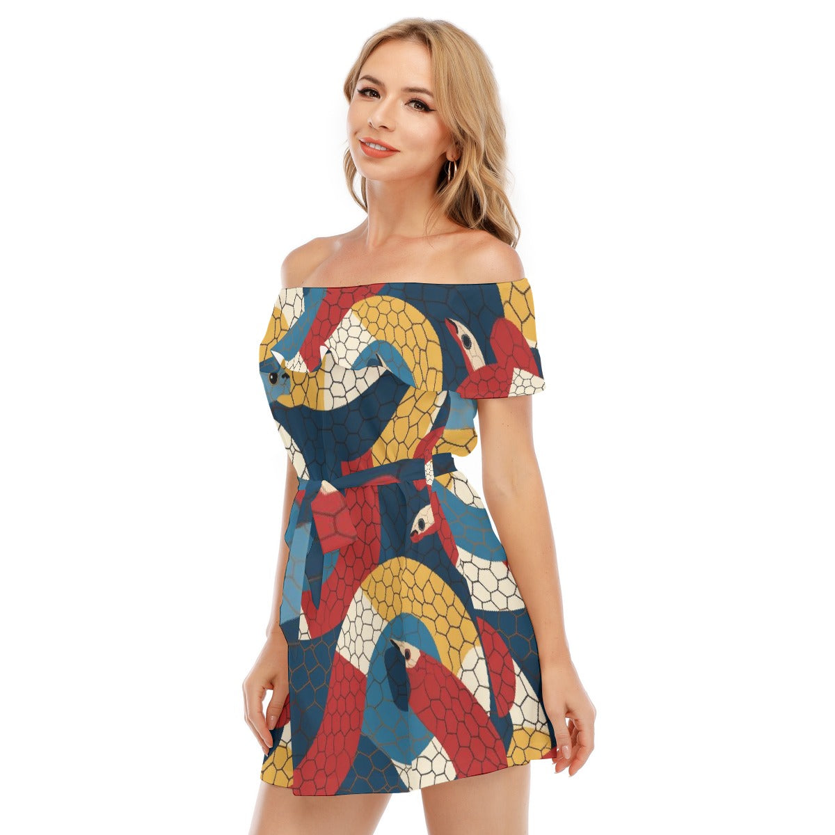 All-Over Print Women's Off-shoulder Dress With Ruffle