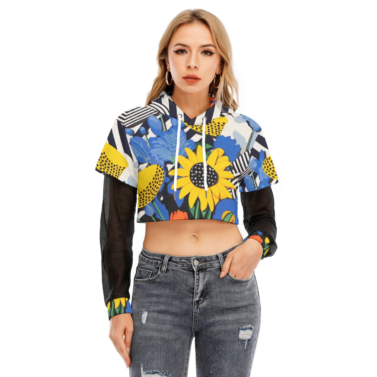 All-Over Print Women's Fake Two-piece Mesh Sleeve Cropped Hoodie